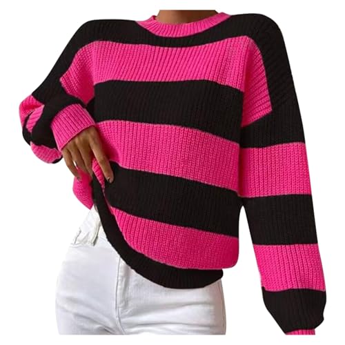 Weihnachtspullover Damen Oversize - Stilvolle Slim Fit Gestreift Sweater Bequem Warm Strickpullover Langarm Tops Pullover Rundhals Colorblock Herbstpulli Strickwaren Strickpulli Einfarbig Oberteile von Bastwahl