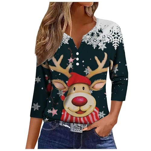 Weihnachtsshirt Damen Rot Baumwolle - Blusentops Oversized Shirt Weihnachtsshirt V Ausschnitt Weihnachtsmann Knöpfen Hemde Slim Tshirt 3/4 Arm Frauen Günstig Weihnachten 3/4 Ärmel von Bastwahl