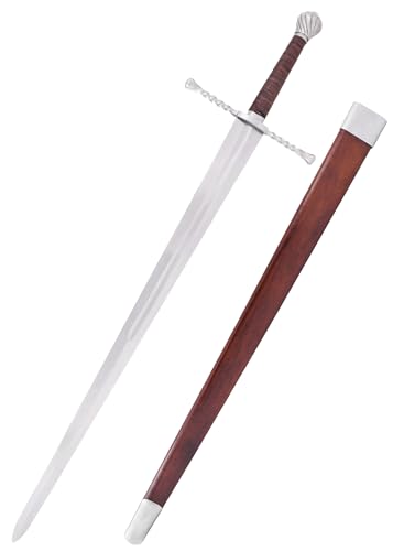 Battle-Merchant Bastardschwert, Anderthalbhänder mit Scheide | Echtes Schwert, von Hand geschmiedeter Anderthalbhänder aus Federstahl mit Ledergriff von Battle-Merchant