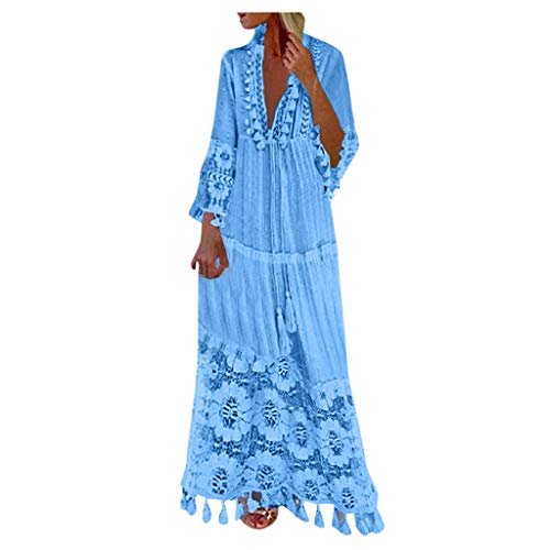 Langes Kleid Damen 3/4 Ärmel Floral Spitzenkleid V-Ausschnitt Strandkleid Boho Vintage Party Maxikleid Cocktailkleid Damen Kleid Strand Elegant Casual Kleid Sommerkleider Böhmen Kleider von Battnot