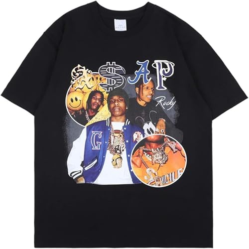 Bbntop ASAP Rocky Herren-T-Shirt, Musik-Fan-Geschenk, Y2K, kurzärmeliges, übergroßes T-Shirt, Unisex, stilvolles Hip-Hop-T-Shirt-XS von Bbntop