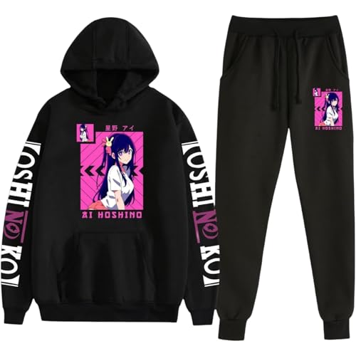 Bbntop Anime Oshi no Ko Hoodie Set Cartoon gedruckt Pullover Sweatshirt Hosen Zweiteilige Mode lässig Unisex Streetwear Plus Größe Tops Hosen-Black1||XXS von Bbntop