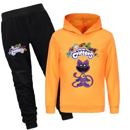 Bbntop Kinder-Kapuzenpulli-Set Kinder-Sweatshirt Sweatpants Smiling Critters-Cartoon-Print Bekleidungsset Kapuzenhosen für Jungen und Mädchen Geeignet für Kinder von 2-16 Jahren-Black||100 von Bbntop