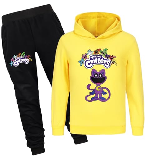 Bbntop Kinder-Kapuzenpulli-Set Kinder-Sweatshirt Sweatpants Smiling Critters-Cartoon-Print Bekleidungsset Kapuzenhosen für Jungen und Mädchen Geeignet für Kinder von 2-16 Jahren-Black||100 von Bbntop