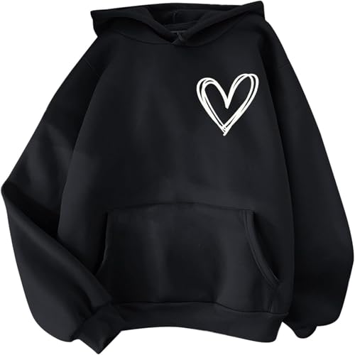 Einfaches Herz Muster gedruckt Hoodie Männer Kapuzenpullover Frauen mit Kapuze Pullover Herbst und Winter im Freien Feste Farbe Hoodies lässig überdimensioniert Langarm Kleidung-Black-a||XS von Bbntop