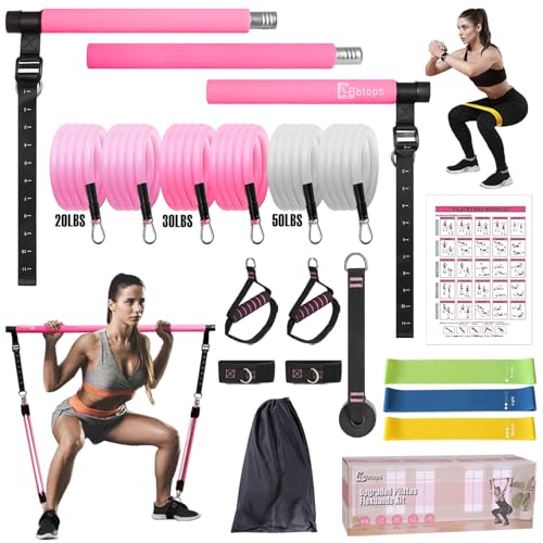 Pilates Bar Kit mit Widerstandsbändern, Upgraded Multifunktionale Schraube Yoga Pilates Bar mit Metall Einstellschnalle Deep Pink von Bbtops
