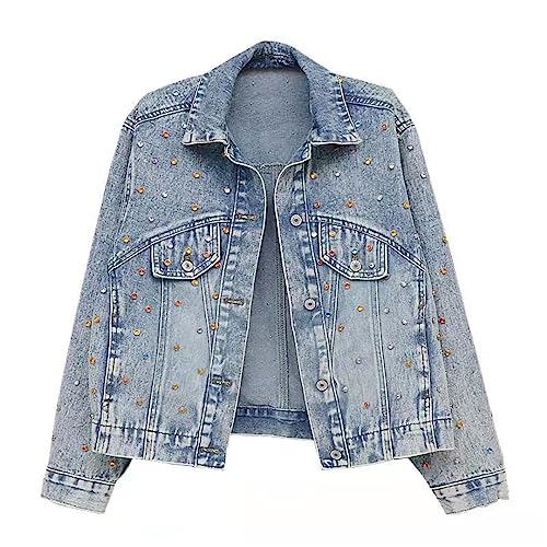 Vintage Blaue Damen Jeansjacke Mit Strasssteinen Streetwear Langarm Lockerer Mantel Blue M von Bciopll