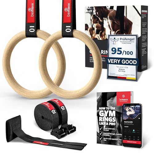 BeMaxx Turnringe Holz Gym Rings + Türanker & Trainings-eBook – Olympische Gymnastik Holzturnringe & Gurte + Markierungen | Turnerringe Gymnastikringe Fitness Ringe Workout Sport | Männer Frauen von BeMaxx