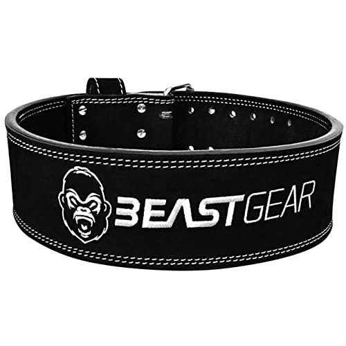 Beast Gear PowerBelt – Premium Powerlifting Gürtel mit Doppelter Dornschließe - 10,2cm x 10mm Nubukleder Kraftsport Gewichthebergürtel Nietengürtel - L von Beast Gear