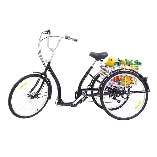 Begoniape 26 Zoll Dreirad für Senioren Erwachsene, 3 Rad Fahrrad Tricycle aus Kohlenstoffstahl, Schwarz Dreirad mit Weiß Korb,120 Kg Tragfähigkeit von Begoniape