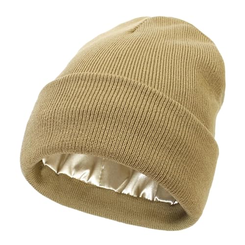 Belachick Strickmützen Hüte Mützen Caps Beanie Herbst Und Winter Hut Seide Satin Gefütterte Mützen Männer Und Frauen Schützende Frisur Warme Strickmütze Wollmütze Einheitsgröße Khaki von Belachick