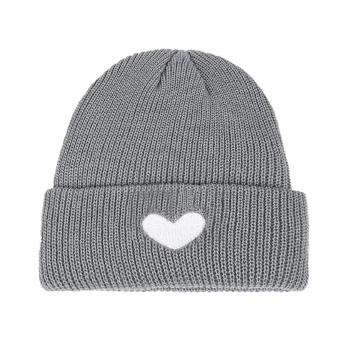 Belachick Strickmützen Hüte Mützen Caps Beanie Herzstickerei Warme Strickmützen Für Frauen Einfache Outdoor Anti-Kälte Gehörschutz Hüte Student Winddichte Wollmützen Elastisch Grau von Belachick