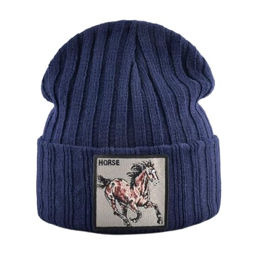 Belachick Strickmützen Hüte Mützen Caps Beanie Mützen Mit Pferd Stickerei Patch Gestrickte Einfarbige Hüte Für Männer Frauen Outdoor Streetwear Haube Kappe Jungen Hut Blau3Pferd von Belachick