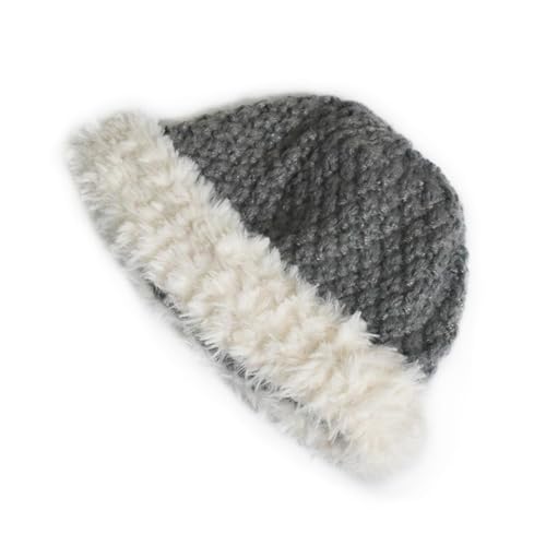 Belachick Strickmützen Hüte Mützen Caps Beanie Strickmütze, Plüschmütze Für Erwachsene, Trendige Und Personalisierte Gespleißte Wollmütze Für Frauen 灰色 von Belachick