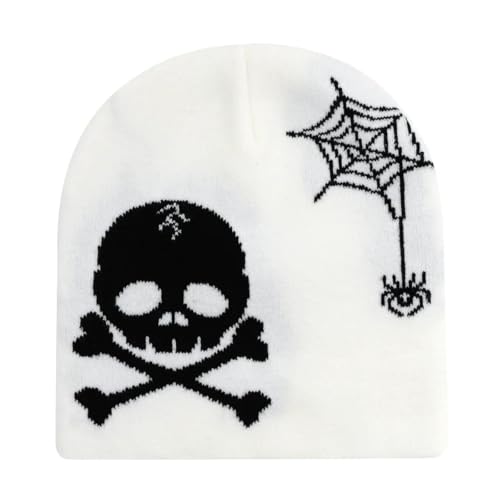 Belachick Strickmützen Hüte Mützen Caps Beanie Totenkopf Print Strickmützen Für Frauen Männer Gehörschutz Winter Herbst Winddicht Warm Halten Hip Hop Kappe Einheitsgröße Y2K-61-Weiß von Belachick