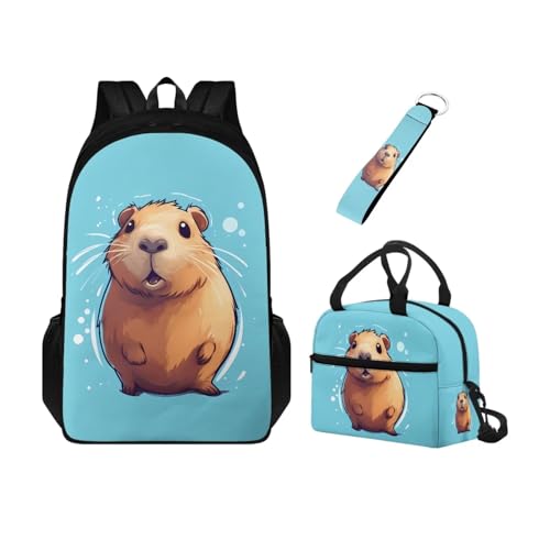 Belidome Rucksack und Lunchbag Set für Damen und Herren, mit Schlüsselanhänger, Schulbuchtasche für Mädchen, Jungen, Reise-Tagesrucksack, Capybara, Einheitsgröße, Schulranzen-Set von Belidome