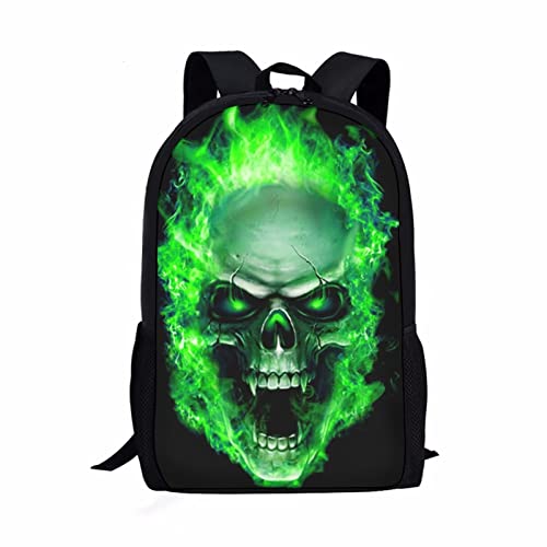 Belidome Skull Kinder Schulrucksack Rucksack Strapazierfähige verstellbare Büchertasche, Grüner Feuerschädel, Einheitsgröße, Kinderrucksack von Belidome