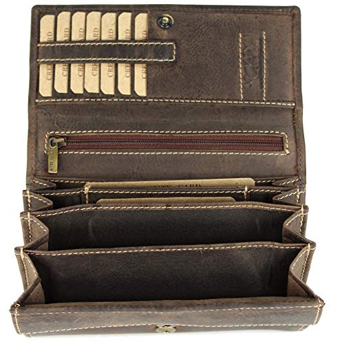 Belli hochwertige Vintage Leder Damen Geldbörse Portemonnaie langes großes Portmonee Geldbeutel aus weichem Leder in Petrol Gemustert - 17,5x10x4cm (B x H x T) (Braun) von Belli