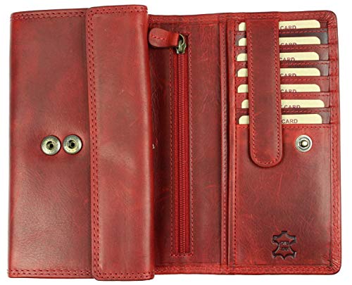 Hochwertige große Vintage Leder Damen Geldbörse Portemonnaie Portmonee Frauen Geldbeutel aus weichem Leder mit extra vielen Fächern in rot - 17,5x10x4cm (B x H x T) von Belli