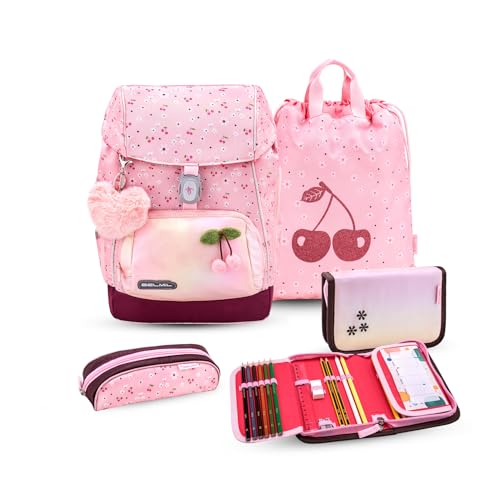 Belmil Premium Comfy Plus ergonomisches Schulranzen Set 5 - teilig, für kleine Kinder/Erstklässler - STAEDTLER, Brustgurt, Hüftgurt, Magnetverschluss (405-73/P/S) (Cherry Blossom 2) von Belmil