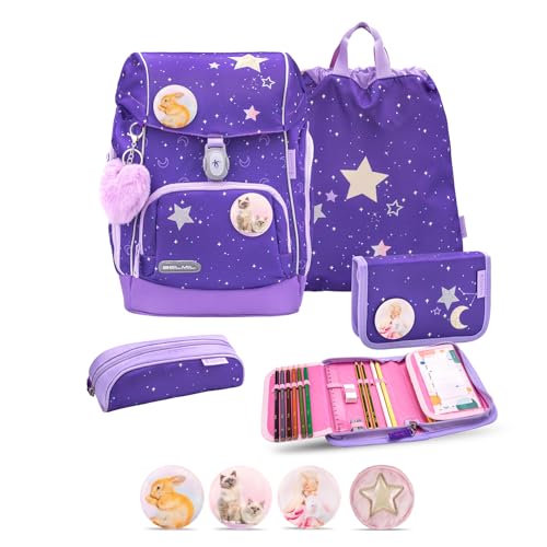 Belmil Premium Comfy Plus ergonomisches Schulranzen Set 5 - teilig, für kleine Kinder/Erstklässler - STAEDTLER, Brustgurt, Hüftgurt, Magnetverschluss (405-73/P/S) (Dahlia 2) von Belmil