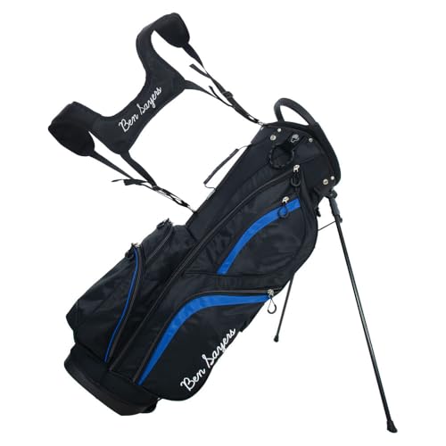 Ben Sayers DLX Deluxe Herren-Golf-Ständertasche, leicht, mit gepolsterter Lendenwirbelstütze und doppeltem Schultergurt, 14-Wege-Trennwände in voller Länge und wasserabweisenden Taschen (Schwarz/Blau) von Ben Sayers