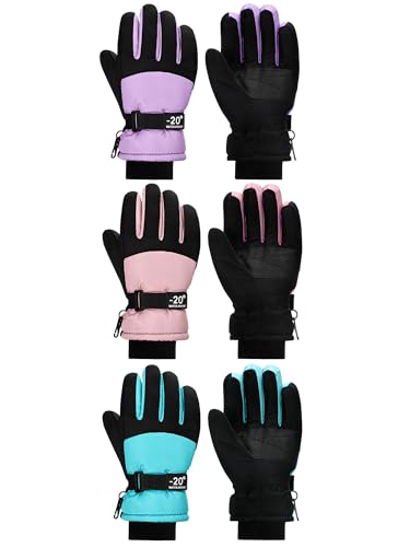 Bencailor Kinder-Winterhandschuhe, wasserdicht, warm, winddicht, verstellbare Handschuhe für kaltes Wetter (lila, blau, rosa, 6–10 Jahre), 3 Paar von Bencailor