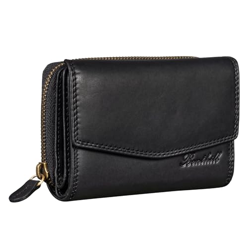 Benthill Portemonnaie Damen Leder - RFID Echtleder Geldbörse - Vintage Portmonee - Münzfach mit Reißverschluss, Farbe:Schwarz Benthill Portemonnaie Damen Leder - RFID Echtleder Geldbörse - Vintage Portmonee - Münzfach mit Reißverschluss, Farbe:Schwarz von Benthill