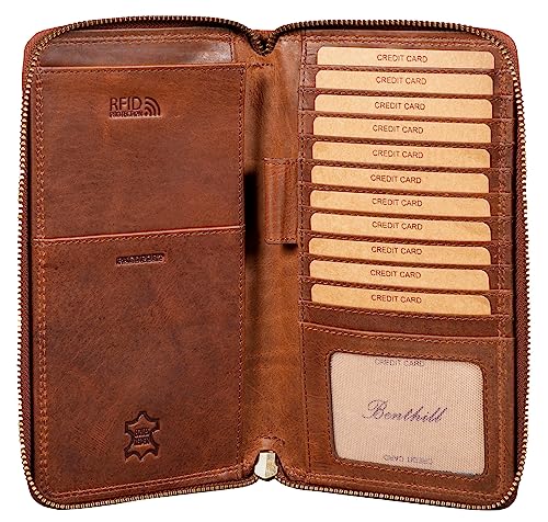 Benthill Reisebrieftasche aus echtem Leder - Travel Wallet/Dokumententasche - Organizer - RFID Große Echt-Leder Geldbörse, Farbe:Braun von Benthill