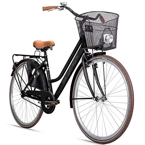 Bergsteiger Amsterdam 26 Zoll, 28 Zoll Damenfahrrad, ab 150 cm, Korb, Fahrrad-Licht, Damen-Citybike mit Rücktrittbremse, Hollandrad im Retro-Design von Bergsteiger