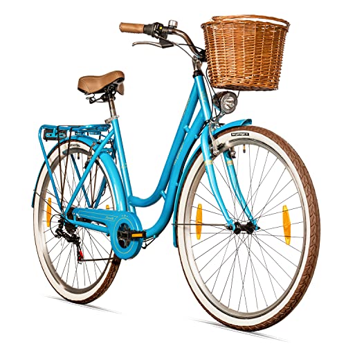 Bergsteiger Marseille 28 Zoll Damenfahrrad, ab 150 cm, Korb aus Rattan, Fahrrad-Licht, Damen-Citybike, Damenrad im Retro-Design«, 6 Gang Shimano Tourney Schaltung, Kettenschaltung von Bergsteiger