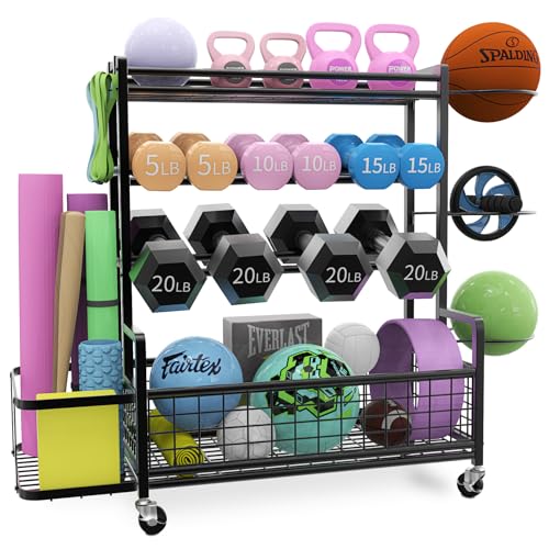 Beroun Hanteln Rack Gewichtsregal für Hanteln Einstellbare Breite Home Gym Storage Rack Yoga Matte Storage Rack mit Rollen und Ballregal Workout Equipment für Hanteln Kettlebells Yoga Matte Ball von Beroun