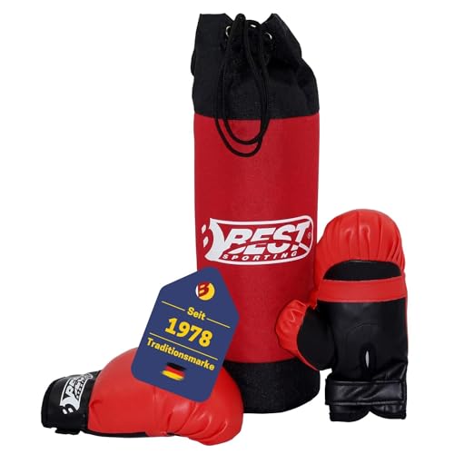 BEST SPORTING Boxsack und Handschuhe Set für Kinder Rot I Boxhandschuhe 4 oz aus Kunstleder mit Stabiler Polsterung & Klettverschluss I Box Sack 1kg I Boxset mit Sandsack und Gloves von BEST SPORTING