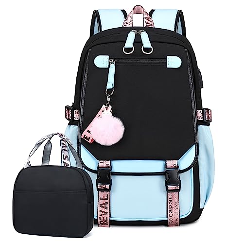 Bevalsa Schulrucksack Mädchen Teenager Schulranzen mit Lunchtasche Schultaschen-Set, Freizeitrucksack Groß 210 Wasserdicht School Bag Backpack Casual Daypacks für Kinder Grundschüler Schüler (Blau) von Bevalsa