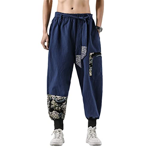 Japanische Kimono Herren Baumwolle Leinen Kostüm Gürtel Retro Haremshose Baggy Hose Harajuku Hip Hop Farbe 2 Hosen asiatische Größe 5XL von Bewellan