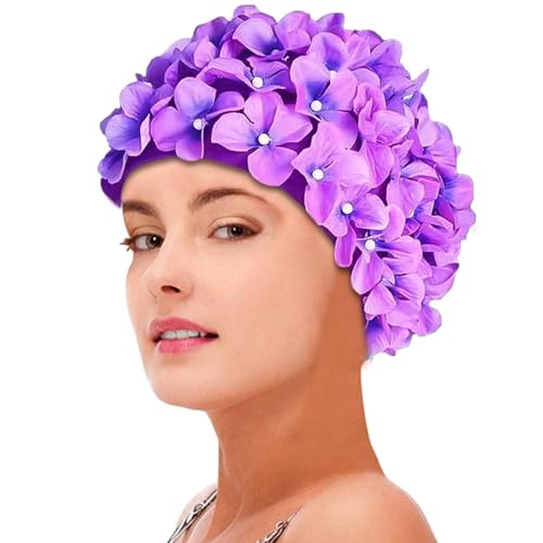 Bexdug Badekappen für Damen, modische 3D-Blumen-Badekappe für Damen, Turban-Badekappe für langes Haar, Badekappe, Ohrenhaarschutz, einfach an- und auszuziehen von Bexdug