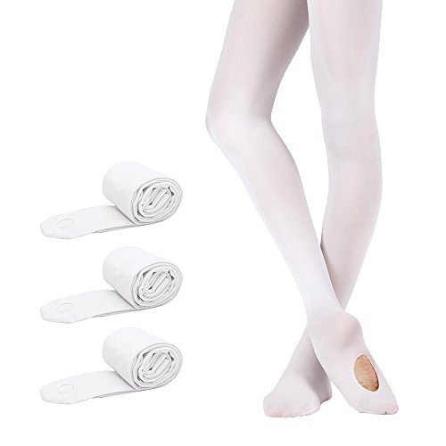 Bezioner Ballett Strumpfhose 3 Paar Cabrio Tanzstrumpfhose mit Fersenloch für Kinder Mädchen und Damen Weiß M (125–140 cm) von Bezioner