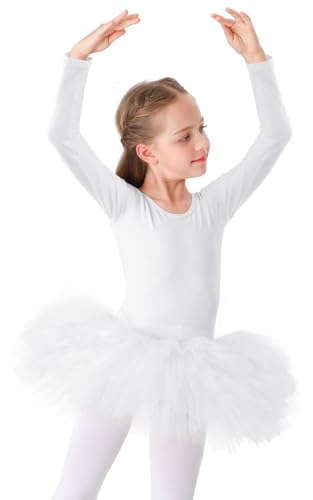 Bezioner Kinder Ballettkleidung Tütü Ballettkleid Mädchen Baumwolle Balletttrikot Lange Ärmel Ballettanzug Tanzbody mit Rock Weiß 100 von Bezioner