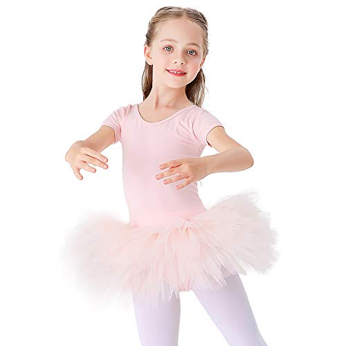 Kinder Ballettkleidung Tütü Ballettkleid Mädchen Baumwolle Balletttrikot Kurzarm Ballettanzug Tanzbody mit Rock Rosa 140 von Bezioner