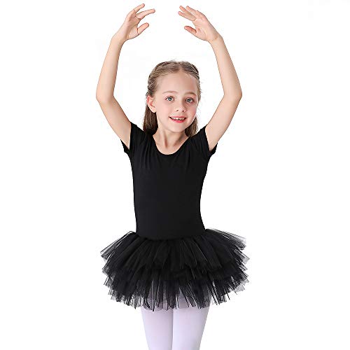 Kinder Ballettkleidung Tütü Ballettkleid Mädchen Baumwolle Balletttrikot Kurzarm Ballettanzug Tanzbody mit Rock Schwarz 140 von Bezioner