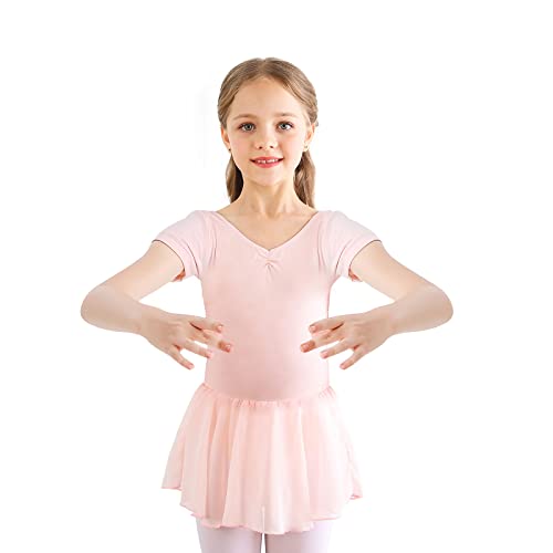 Kinder Ballettkleidung Mädchen Ballettkleid Kurzarm Langarm Balletttrikot Ballettanzug Tanzkleid Tanzbody aus Baumwolle mit Chiffon Rock Tütü (140, Rosa Kurzarm) von Bezioner