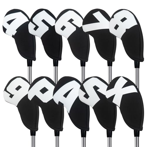 Golfschlägerhauben für Herren, 10-teiliges Set für Rechtshänder 4–9, P, A, S, X, Schlägerhauben aus schwarzem Neopren, Weiß, große Anzahl von Big Teeth
