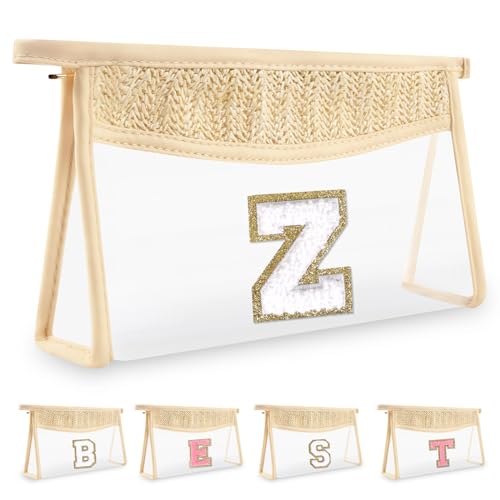 Biileen Make-up-Tasche mit Initialbuchstaben, klein, Boho-Stil, Stroh, transparent, Weiss/opulenter Garten, Z von Biileen