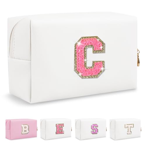 Biileen Personalisierte Make-up-Tasche mit Initiale, klein, niedlich, Reise-Chenille-Brieftasche, Glitzernde rosa/weiße Buchstabe, C von Biileen