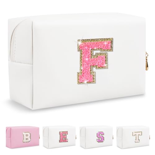 Biileen Personalisierte Make-up-Tasche mit Initiale, klein, niedlich, Reise-Chenille-Brieftasche, Glitzernde rosa/weiße Buchstabe, F von Biileen