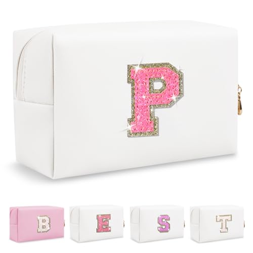 Biileen Personalisierte Make-up-Tasche mit Initiale, klein, niedlich, Reise-Chenille-Brieftasche, Glitzernde rosa/weiße Buchstabe, P von Biileen