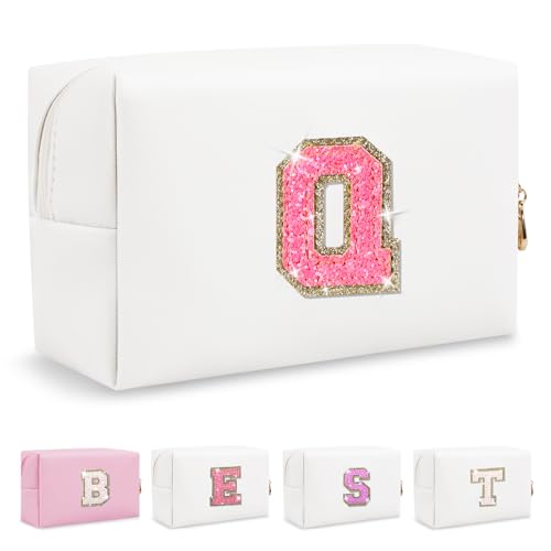 Biileen Personalisierte Make-up-Tasche mit Initiale, klein, niedlich, Reise-Chenille-Brieftasche, Glitzernde rosa/weiße Buchstabe, Q von Biileen