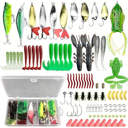 94 Stück Angelköder Set, Angeln Köder gemischt einschließlich Spinner, Crankbait, Minnow, Spinner, Weich- & Hartköder, Haken, Gewichte, Wirbel für Barsch, Wels, Hecht, Lachs Forelle von Bikasun