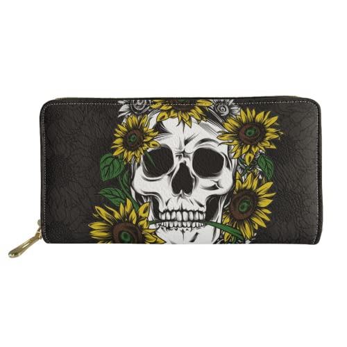 Biyejit Damen-Geldbörse, lang, Leder, Blumenmuster, Handy-Kartenhalter, Clutch, Kapazität Tasche, Totenkopf-Sonnenblumen, Einheitsgröße, Casual von Biyejit