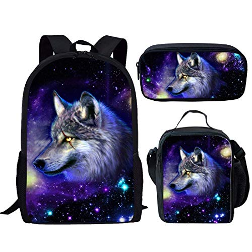 Biyejit Kinder Rucksack Kinder Schulranzen Set mit Lunchbox Federmäppchen 3-teilig für Jungen Mädchen Gr. Einheitsgröße, Galaxy Wolf von Biyejit